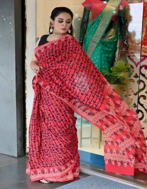 red saree - soft cotton silk | blouse - printed cotton  fabric printed work festive 