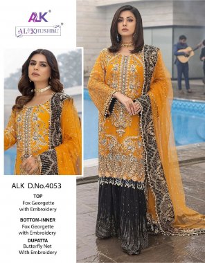yellow top - georgette with heavy embroidred | bottom - georgette with heavy embroidery with dull santoon inner | dupatta - butterfly net with heavy embroidered | inner - santoon fabric embroidery work casual 