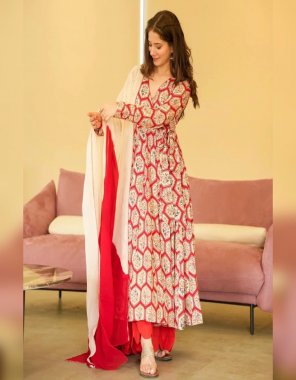 red gown - silk satin with digital printed sleeves | gown inner - american crep | gown length - 55 inch | gown flair - 3.20m | size - upto 42 xl free size ( fully stitched ) bottom - cotton silk | size - free size | dupatta - fox georgette with digital printed ( 2.30 m)  fabric digital printed  work ethnic 