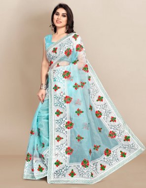 sky blue saree - organza with digital printed chikankari work | blouse - satin banglory silk ( 0.80 cm ) fabric digital printed work festive 