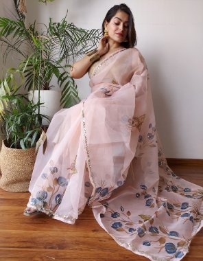 pink semi pure organza with handworkcraft work printed| blouse - silk fabric printed work party wear 