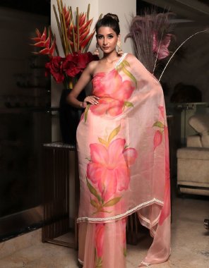 pink semi pure organza printed with hand craft | blouse - silk fabric printed work ethnic 
