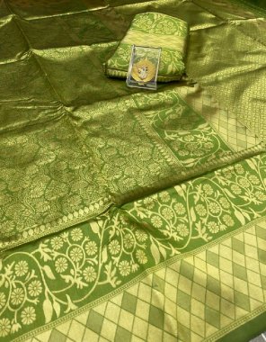 parrot green soft lichi silk  fabric weaving work ethnic 