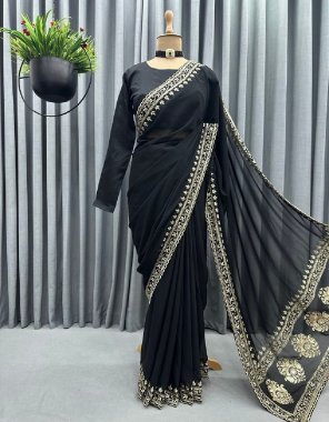 black saree - faux georgette sequance thread work | blouse - benglori silk plain fabric thread sequance work party wear 