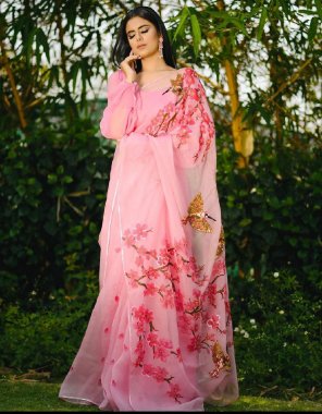 pink pure organza | blouse - matching  silk   fabric printed work festive 
