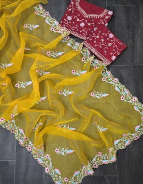 yellow saree - heavy organza silk | blouse - mono banglory  fabric embroidery work party wear 