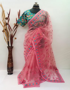 pink organza with embroidery work | blouse - silk | size - 40 upto 44 fabric embroidery work ethnic 