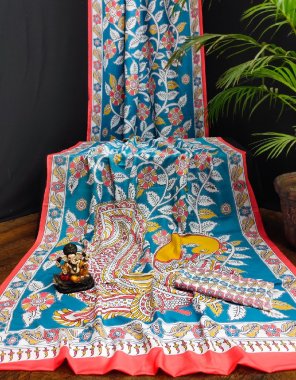 sky blue muslin silk  fabric kalamkari printed  work festive 