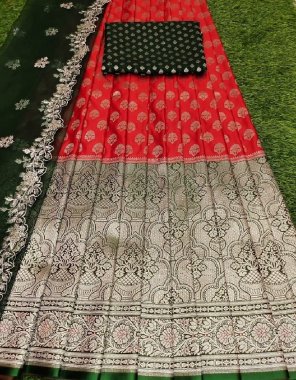 red lehenga - kanjivaram silk zari lehenga ( 3 m) | blouse - 1 m approx | dupatta - organza with 2 side piping ( 2.20 m)  fabric weaving work party wear 