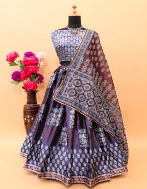 purple lehenga - gajji silk ajrakh digital printed  ( full stitch ) | flair - 3 m | blouse - digital printed ( 1 m unstitch blouse ) | dupatta - chanderi cotton ajrakh printed with samosa border ( 2.4 m ) fabric digital printed work festive 