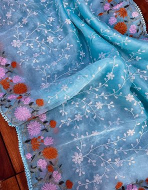 sky blue organza with embroidery work | blouse - silk with work fabric embroidery work casual 