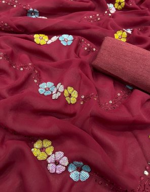 maroon saree - heavy georgette with flower gotta  | blouse - mono banglory blouse plain  fabric sequance work festive 