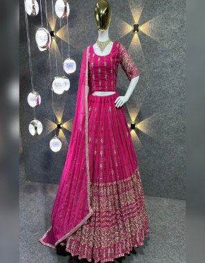 pink lehenga - faux georgette ( canvas patta ) | inner - micro cotton | lehenga length - 41 -42 inch | flair - 3.20 m| choli - faux georgette | type - unstitched | dupatta - faux georgette with fancy lace  work ( 2.40 m)  fabric sequance work festive 
