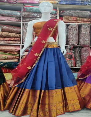 sky blue lehenga - pure kanjivarm silk ( 3 m) |blouse - 0.80n ( unstitched ) | dupatta - pure net ( 2.20 m )  fabric weaing work festive 