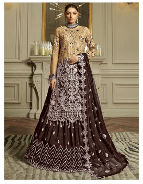 brown top - two shade georgette with sequance embroidery and diamond work | sleeves - organza with work | dupatta - nazneen with embroidery work with four side latakan | bottom - japan satin with embroidery work | inner - santoon | length - 42 