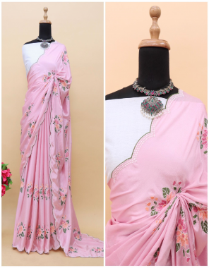 pink chinnon silk with thared embroidery fabric embroidery work casual 