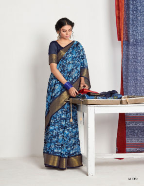 blue soft chanderi silk with jacquard border with indigo print fabric printed work party wear 