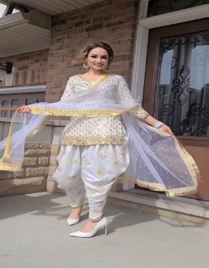 white top - faux georgette with heavy with sleeves | inner - micro cotton | top length - 37-38 inches | size - upto 42 xl size ( fully stitched ) | dhoti - faux georgette with embroidery sequance work | dhoti inner - micro cotton | dhoti length - 43-44 | dhoti size - xl | dupatta - heavy net sequance embroidery work ( 2.30 m) fabric sequance work festive 