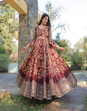 maroon gown - silk with pending digital print with sequance embroidery work with full sleeves | gown inner - micro cotton | gown length - 53-54 inch | gown flair - 3 m  fabric digital printed work casual 