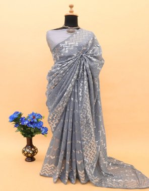 grey saree - georgette silk saree sequance thread work | blouse - mono silk fabric sequance work festive 