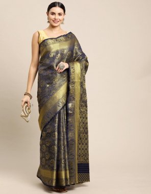 navy blue saree - lichi silk with weaving gold zari work | blouse - heavy weaving silk fabric weaving work festive 