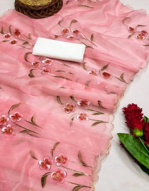 pink organza handprinted fabric handprinted work festive 