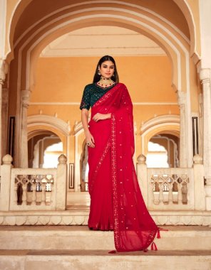 red saree - chinon | blouse - chinon | blouse type - unstitched fabric thread with sequance work party wear 