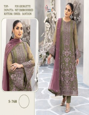 mahendi top - fox georgette | dupatta - net with embroidery | bottom inner - santoon fabric embroidery  work party wear 