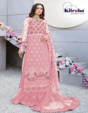 pink top - georgette with heavy embroidery with diamond work with hanging ( including sleeves ) | bottom & inner - santoon | dupatta - nazmeen with embroidery 4 side silk border | size - fits upto 56| length - 42 fabric embroidery  work party wear 