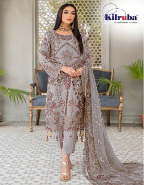 grey top - georgette with heavy embroidery with diamond work with hanging ( including sleeves ) | bottom & inner - santoon | dupatta - nazmeen with embroidery 4 side silk border | size - fits upto 58| length - 44 fabric embroidery  work casual 