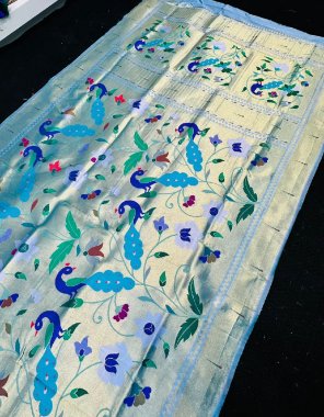 sky blue paithani pure silk handloom saree fabric printed work festive 