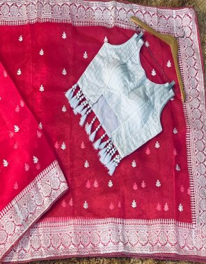 red semi pure organza lucknowi embroidery | blouse - jacket style blouse fabric lucknowi embroidery work festive 
