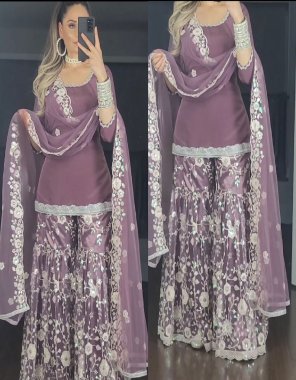purple top - heavy faux georgette with heavy embroidery rembo sequance work with full sleeves with latkan dori |inner - heavy micro cotton | top length - 36-37 inch | sharara - heavy fox georgette with sequance embroidery full flair | inner - heavy micro cotton | length - 42-43 inch ( fully stitched ) | dupatta - heavy butterfly net sequance embroidery rembo sequance lace border fancy border work  fabric embroidery work casual 