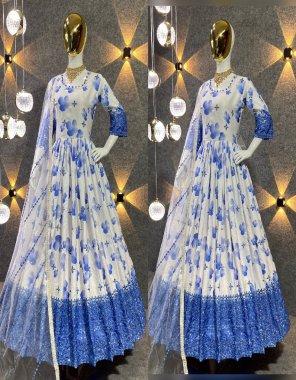 blue gown  - silk with heavy embroidery sequance with sleeves | gown inner - micro cotton  | gown length - 53 - 54 inches ( fully stitched ) | dupatta - heavy butterfly net with embroidery sequance with  fancy lace ( 2.30 m)  fabric embroidery work party wear 