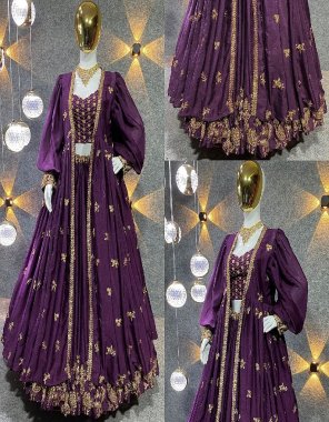 purple koti - chinon with digital printed sequance embroidery work with full sleeves | koti length - 45 - 46 inches | koti size - upto 42 xl free size ( fully stitched ) | choli - chinon ( full stitch upto 42 and margin for 44 size ) | lehenga - chinon with embroidery sequance work | inner - micro cotton | length - 42 inches | lehenga flair - 3m fabric embroidery work festive 