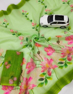parrot green original linen with silver jari patta fabric printed work party wear 