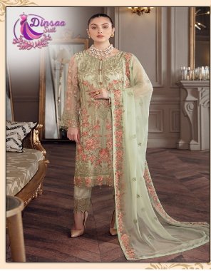 parrot green top - heavy fox embroidery with heavy ( handwork ) | dupatta - nazmeen heavy work four side lace | bottom & inner - santoon fabric embroidery work casual 