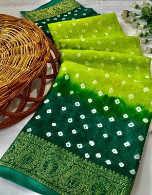parrot green pure bandhej silk  fabric zari weaving work festive 