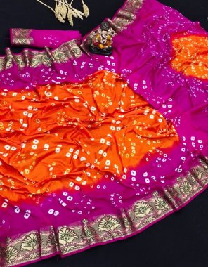 orange bandhej silk fabric weaving work party wear 