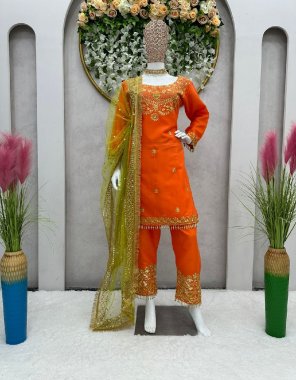 orange top - cotton with embroidery sequance work | dhoti - cotton embroidery sequance with fancy latkan work | inner - micro| stitch - full stitched upto 44 | dupatta - soft net embroidery sequance work  fabric embroidery work festive 