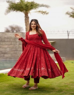 red suit - faux georgette | length - 54+ | pent - crep | size - 2 m ( unstitched ) | dupatta - faux georgette with lace work ( 2.2 m)  fabric thread sequance work work casual 