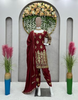maroon suit - silk with inner | size - upto 42 ( full stitch ) | dhoti - silk | size - stitches with elastic | dupatta - silk ( 2.2 m)  fabric thread sequance work work ethnic 