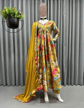 yellow suit - japan satin silk digital printed | pent - japan satin silk with lace work | dupatta - japan satin silk ( 2.2 m)  fabric digital printed work festive 