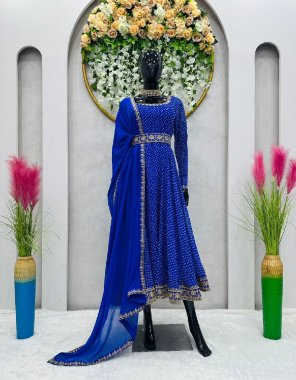 navy blue suit - faux georgette | inner - crep | flair - 4.5 m | dupatta - faux georgette thread with four side lace work ( 2.2 m) | pent - crep | stitch - full stitch upto 44 with elastic  fabric digital printed work party wear 