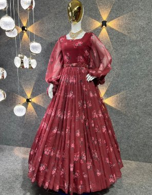 maroon gown - fox georgette with digital printed fully sleeves | inner - micro cotton | gown length - 53 inch | flair - 3 m| gown size - 42 xl margin free size ( fully stitched ) fabric digital printed work ethnic 