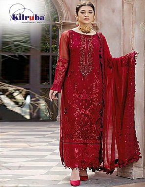red top - georgette with heavy embroidery and stone work ( including sleeves ) | bottom & inner - santoon | dupatta - nazmeen with embroidery work & 4 side lace border | type - semi stitched | size - fits upto 54 | length - 47 fabric embroidery work casual 