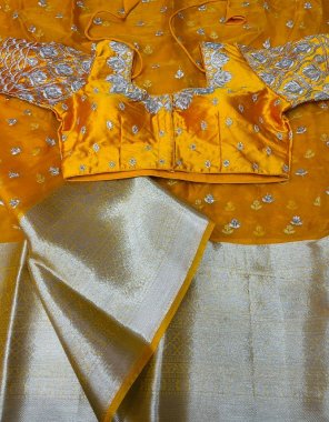 yellow soft light organza with jacqurad with jacquard butti | blouse - heavy full work stitched with tassles long | size - 38 size max upto 42 fabric jacquard work party wear 