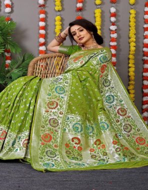 green soft silk with weaving zari  fabric weaving work casual 