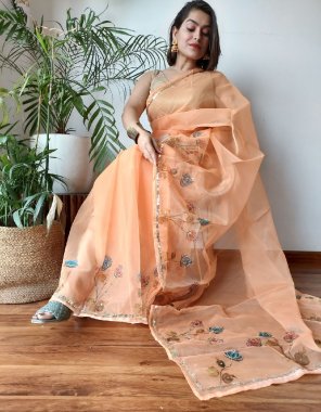 peach pure organza | blouse - silk fabric handcrafted work festive 
