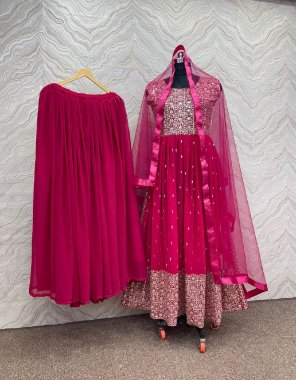 pink top - heavy fox georgette | sleeves - short plain extra fabric | inner - micro cotton | plazzo - heavy fox georgette | inner - micro cotton | dupatta - soft net with satin silk lace border  ( 2.1 m) | plazzo length - 40-42 inch upto xxl | top length - 54-56 inch | top size - xl full stitched with xxl margin  fabric embroidery work party wear 